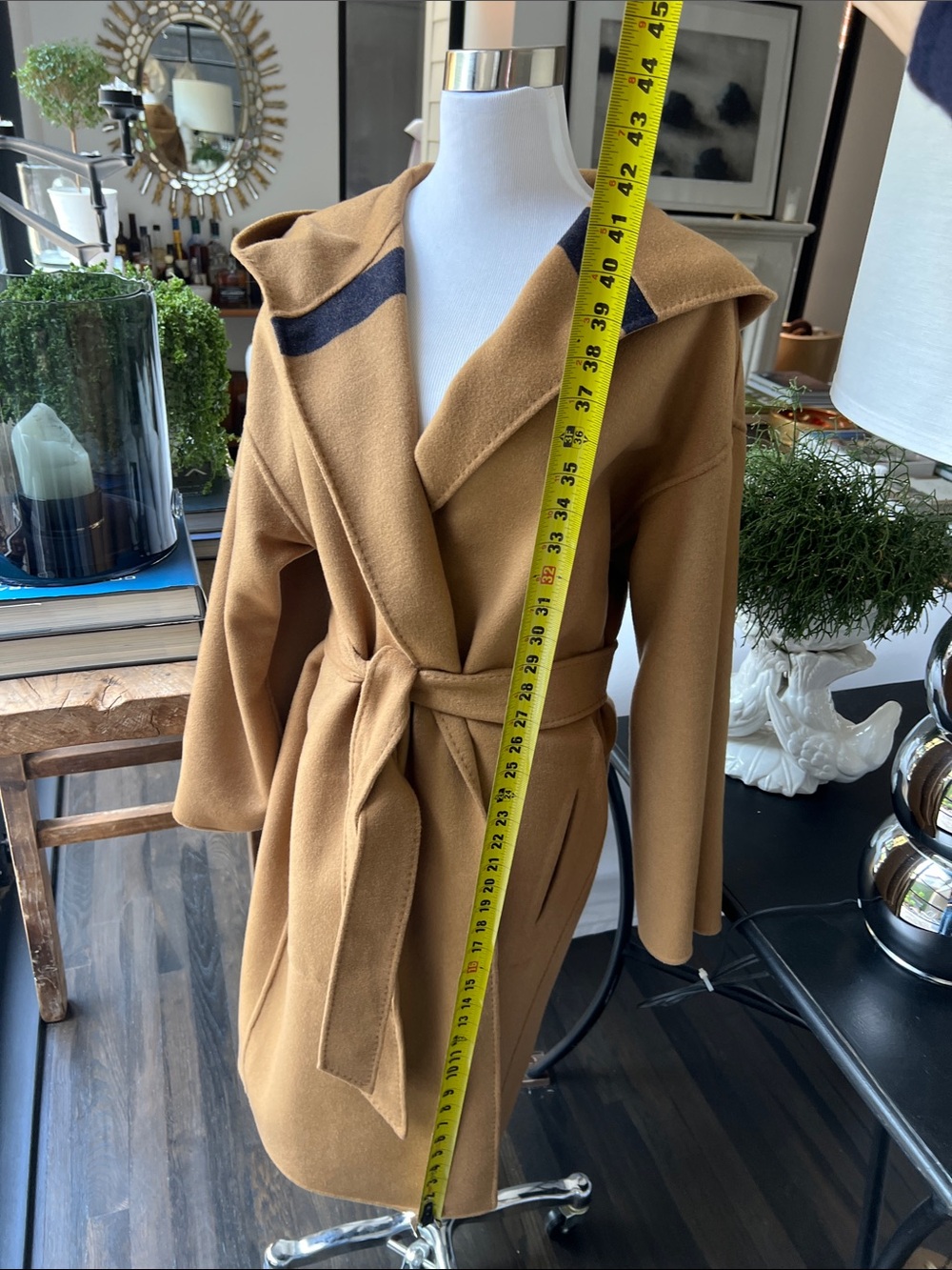 La Ligne Camel and Dark Navy  Striped Hooded Belted Wrap Coat Reversible  size S - Picture 11 of 11
